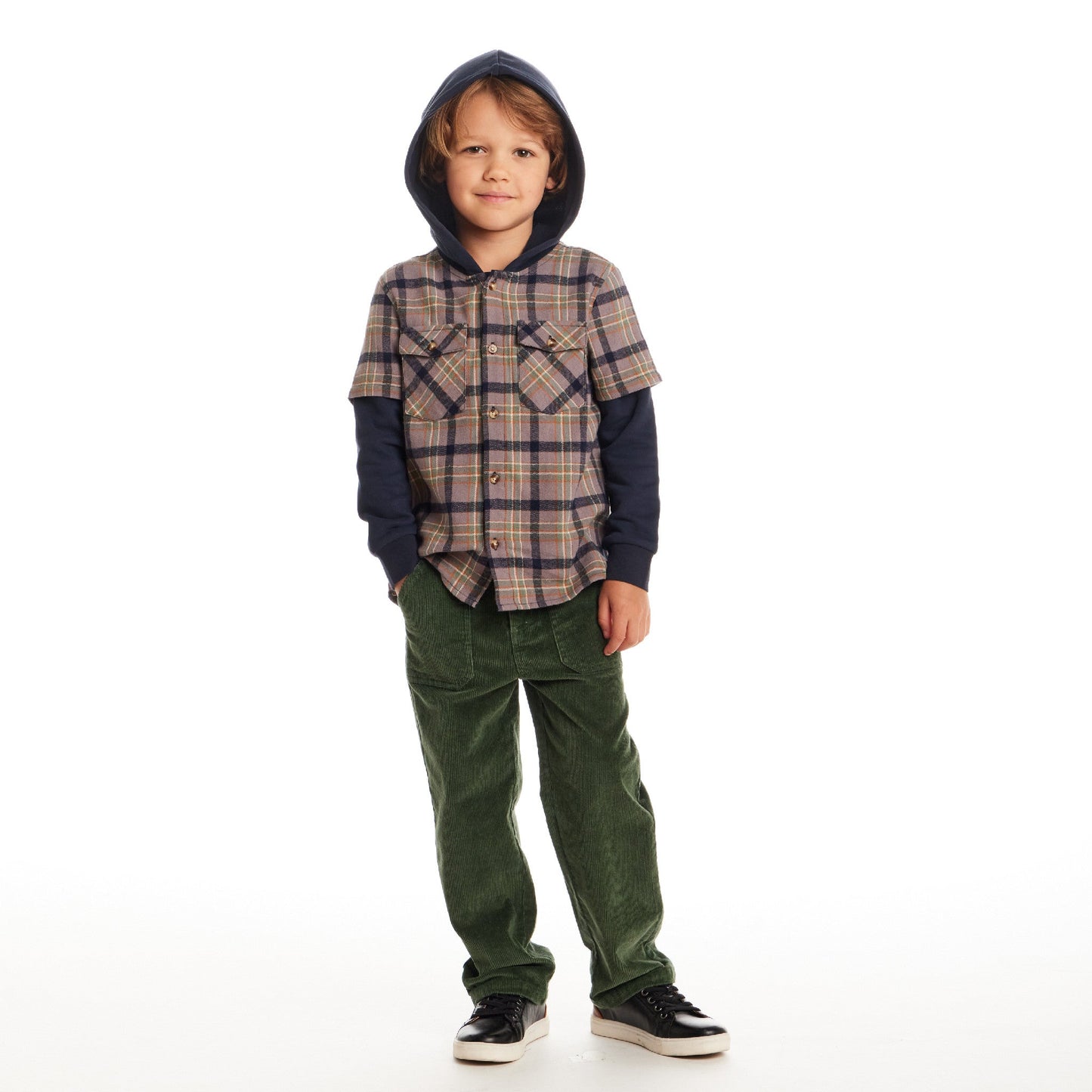 Kids Twofer Hoodie | Brown Plaid