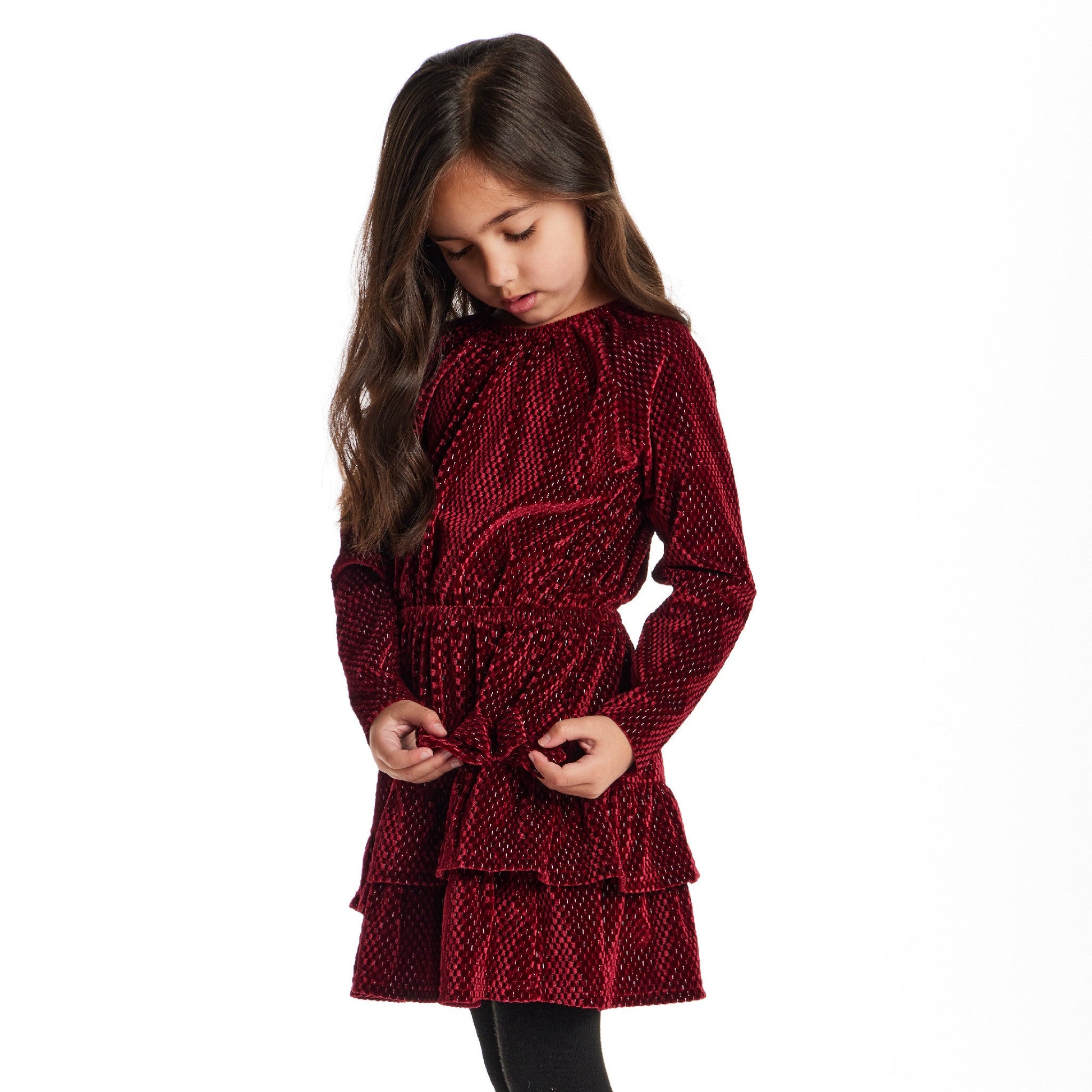 Kids Red Velvet Asymmetrical Tiered Dress | Red Checkered Unicorn Tooth Kids Red Velvet Asymmetrical Tiered Dress | Red Checkered Unicorn Tooth