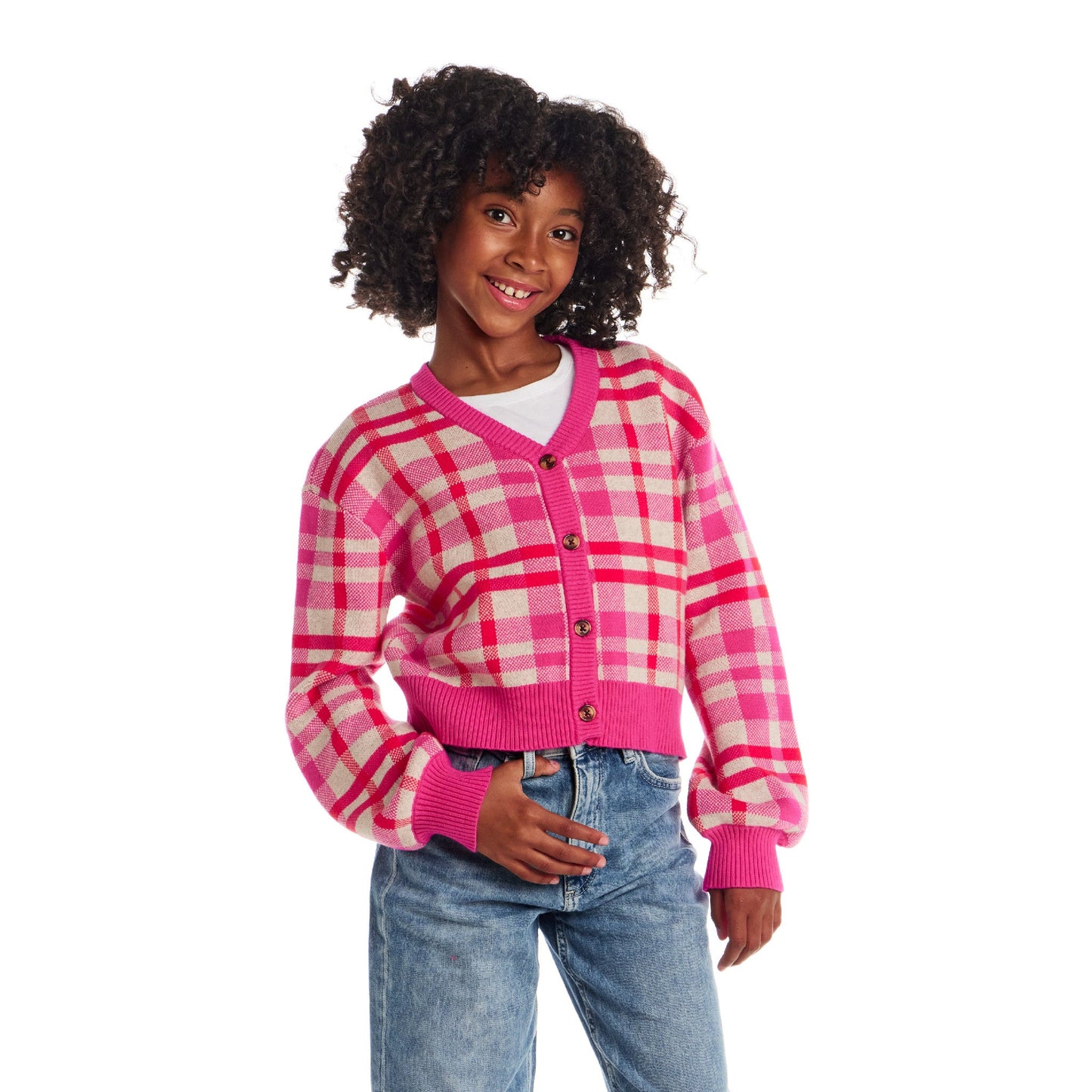 Big Kids Cardigan | Pink Plaid