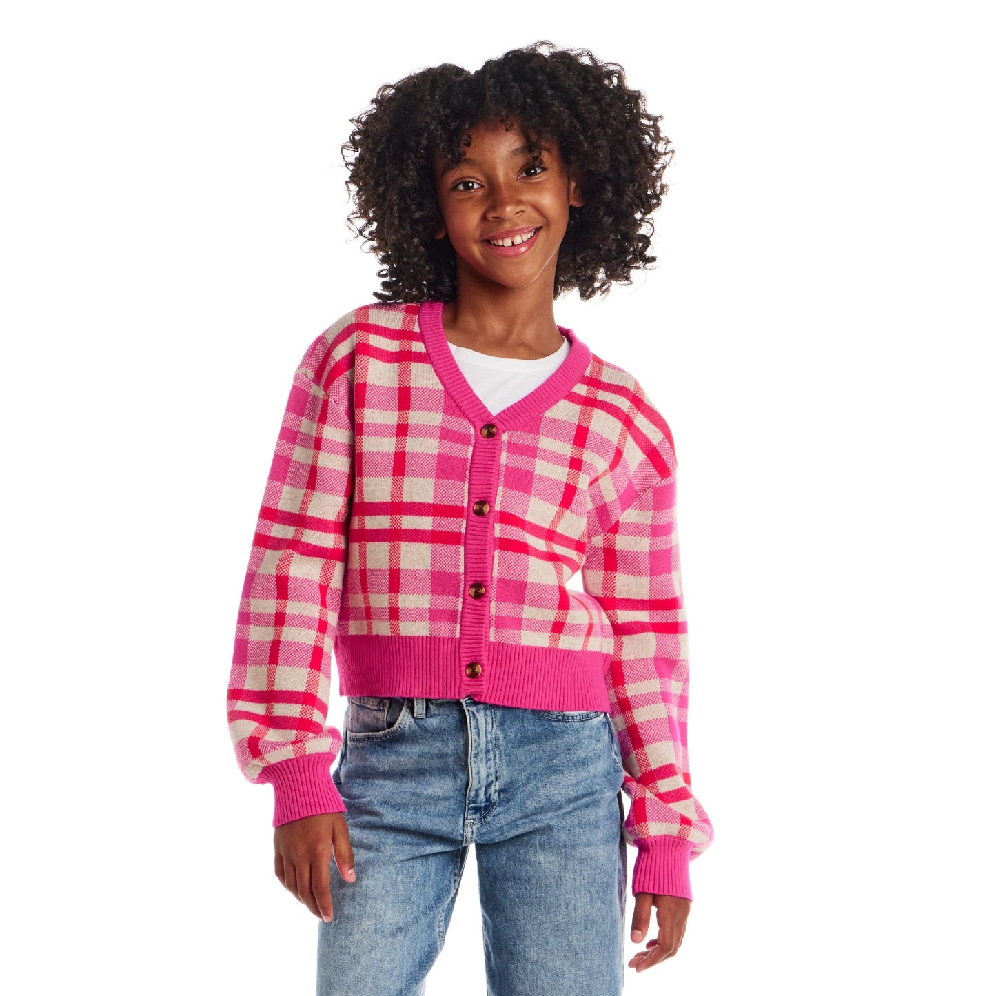 Big Kids Cardigan | Pink Plaid