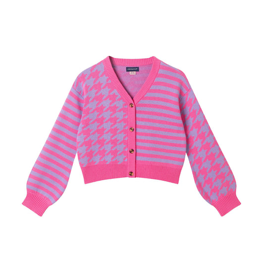 Big Kids Stripe Cardigan | Pink Houndstooth