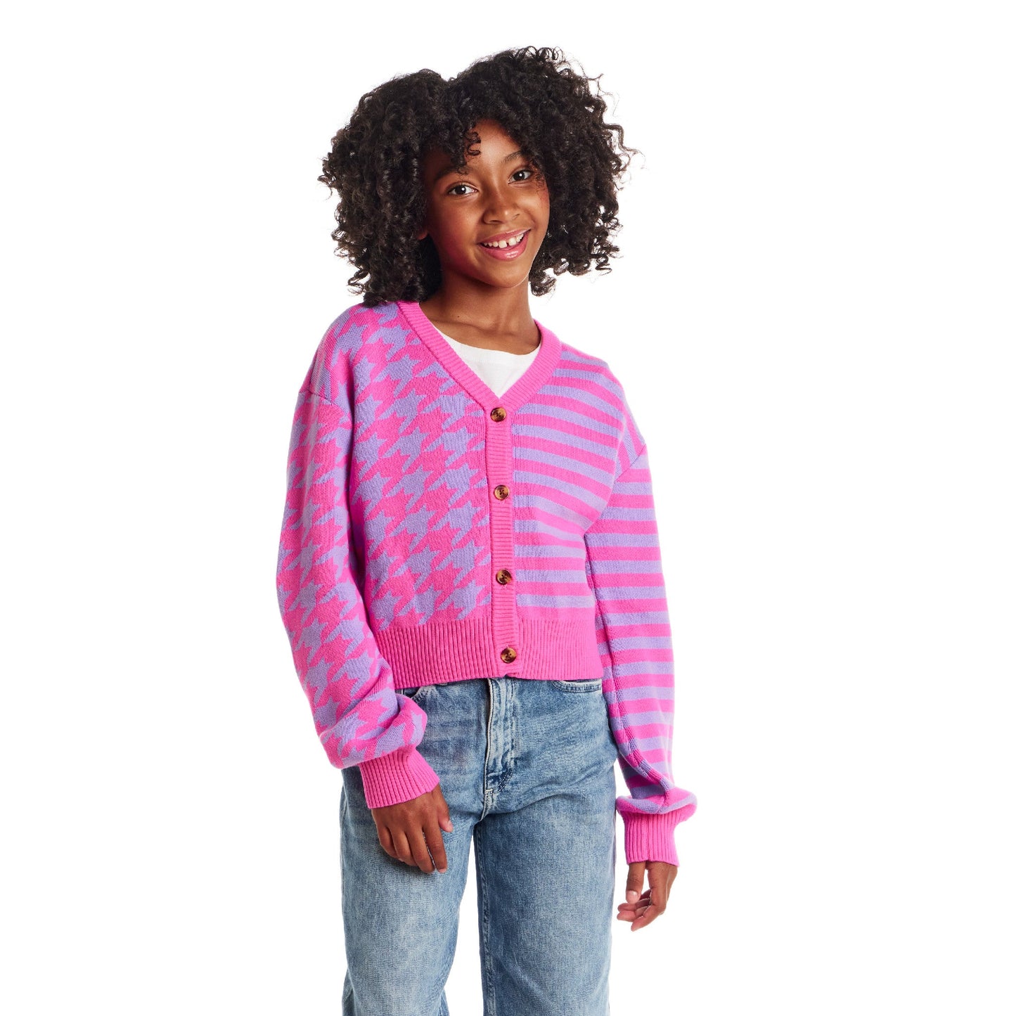 Big Kids Stripe Cardigan | Pink Houndstooth