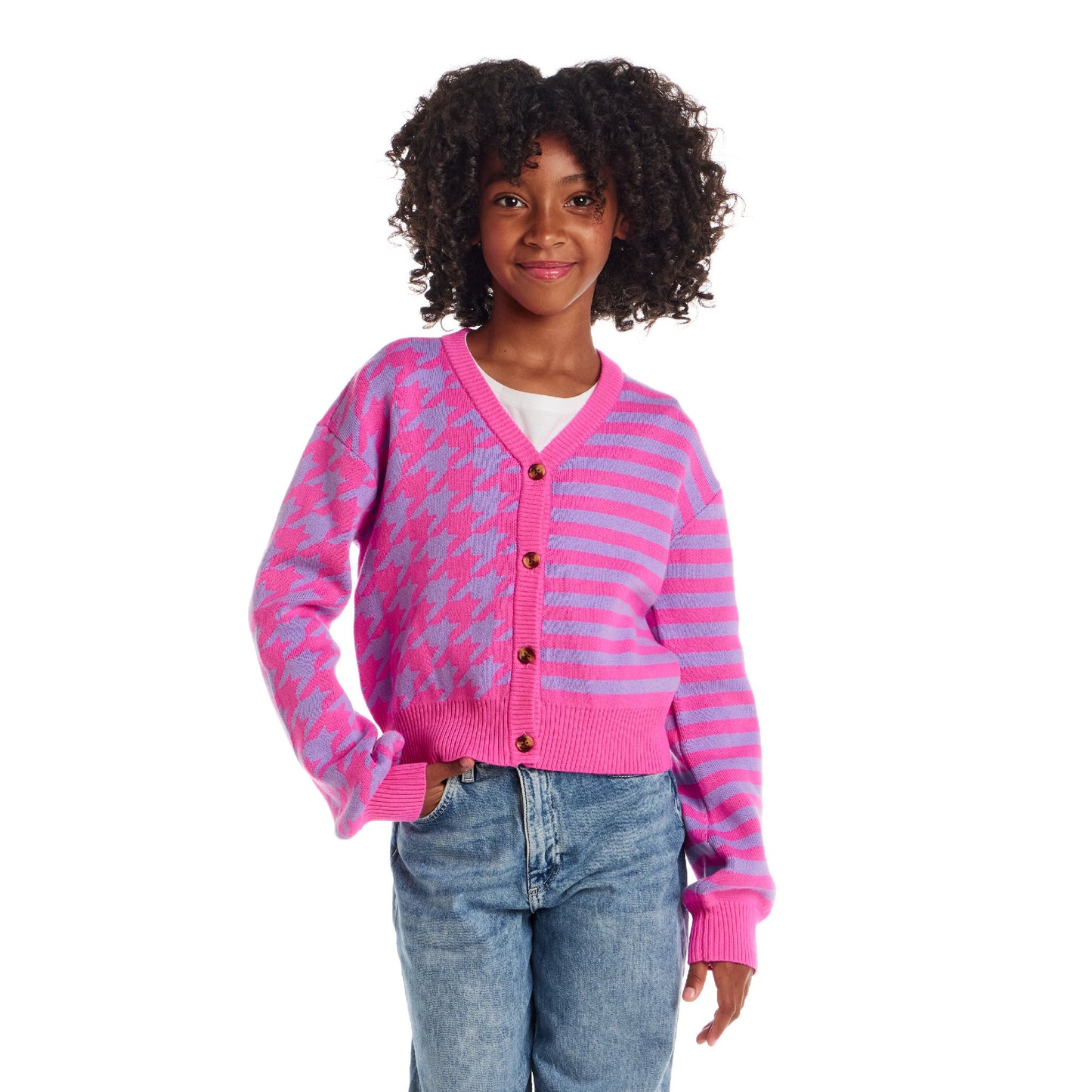 Big Kids Stripe Cardigan | Pink Houndstooth