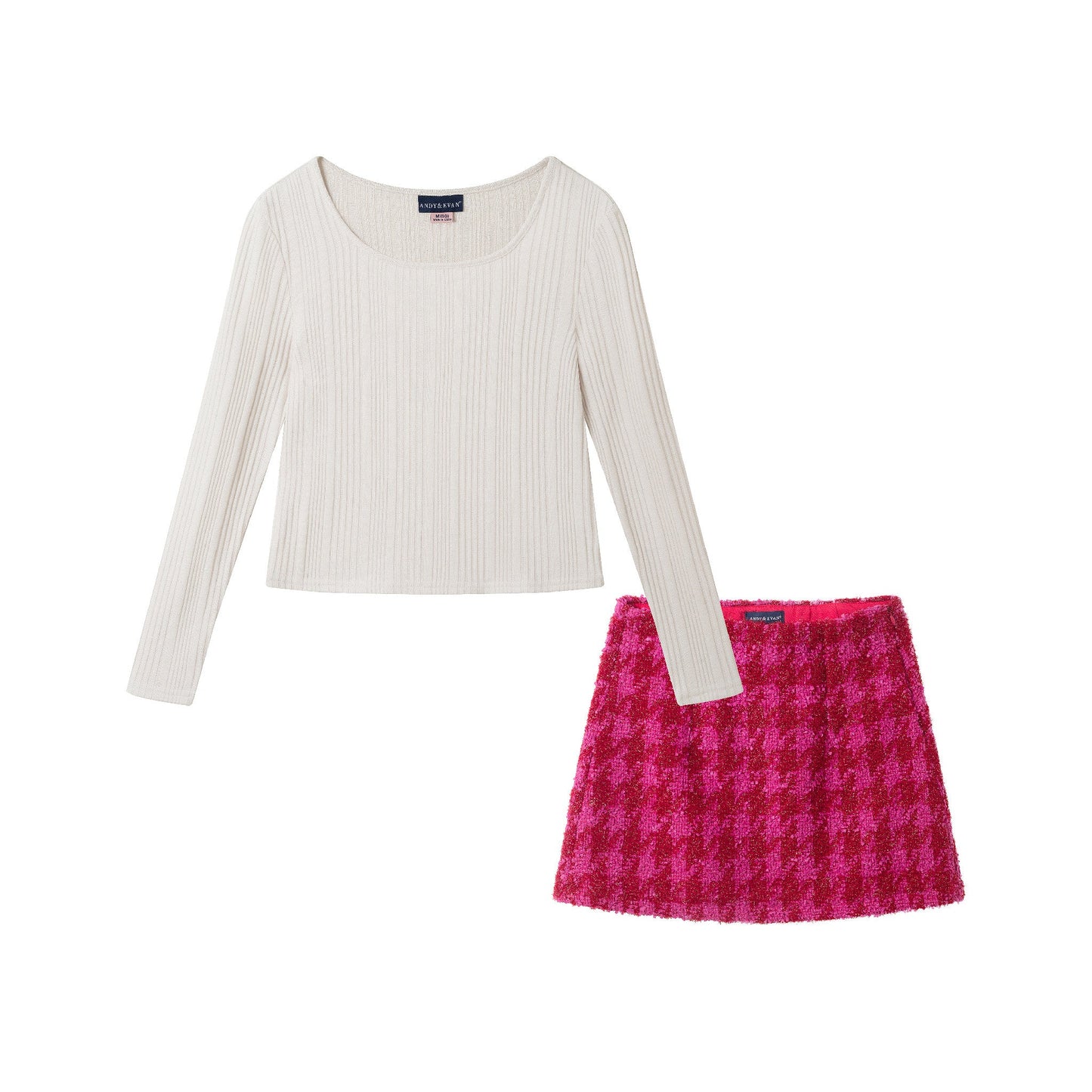 Big Kids Ribbed Top & Houndstooth Skirt Set | Ivory & Pink