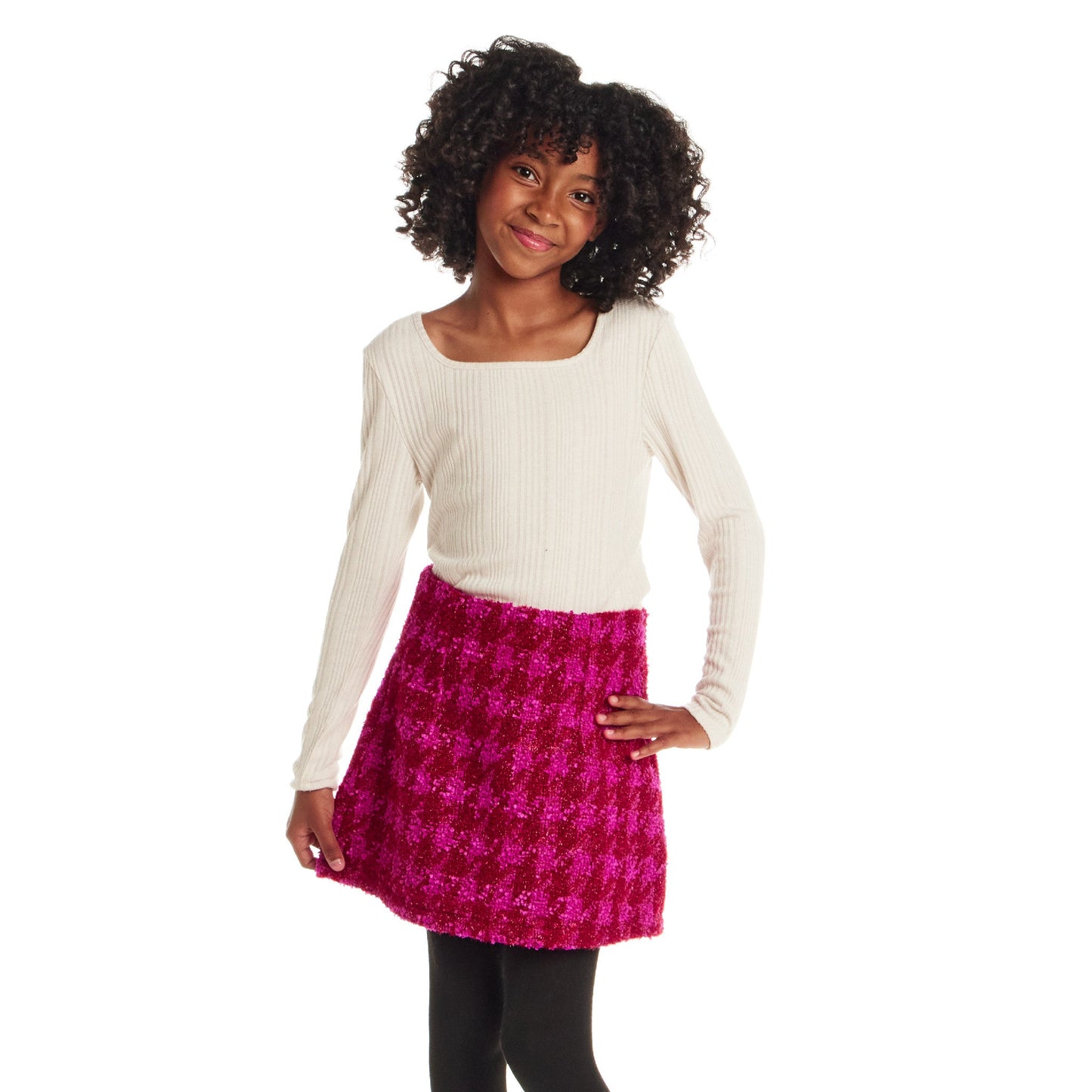 Big Kids Ribbed Top & Houndstooth Skirt Set | Ivory & Pink