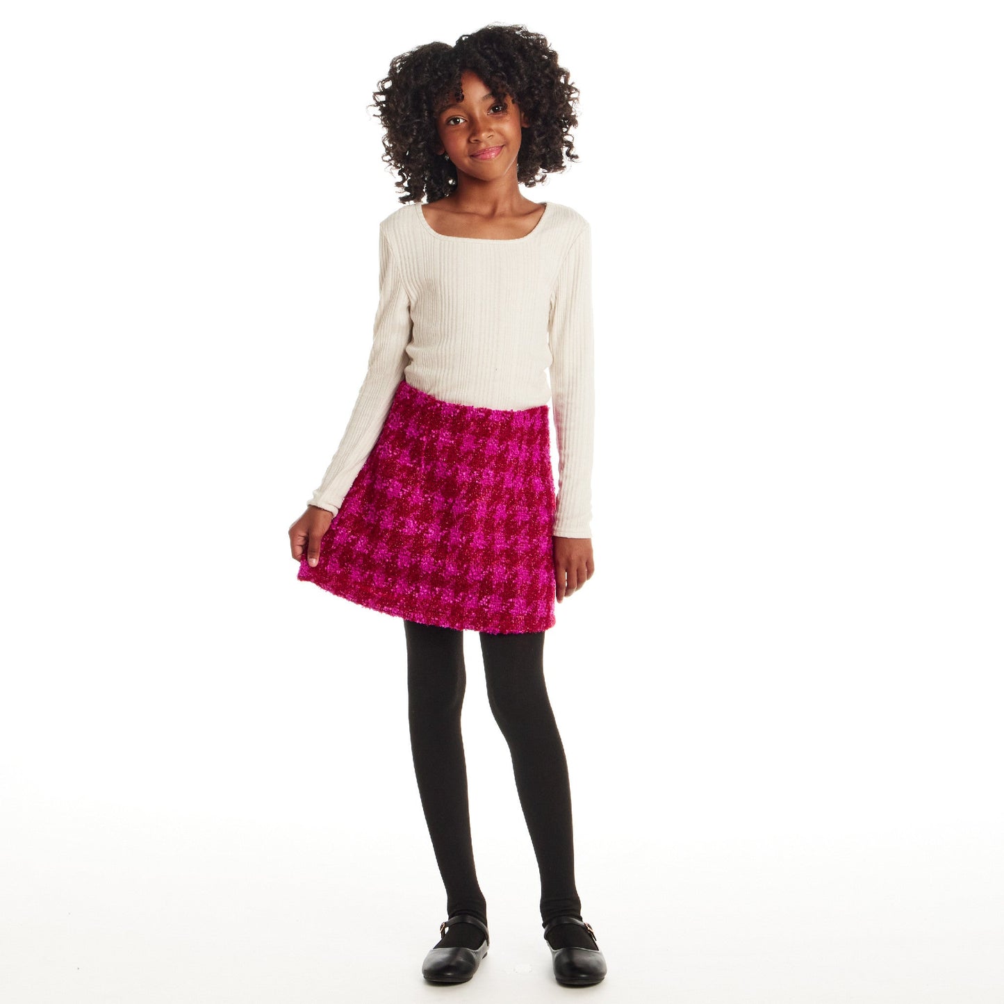 Big Kids Ribbed Top & Houndstooth Skirt Set | Ivory & Pink