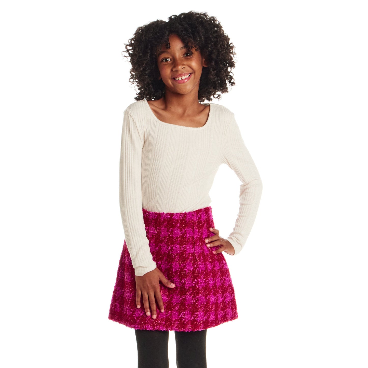 Big Kids Ribbed Top & Houndstooth Skirt Set | Ivory & Pink