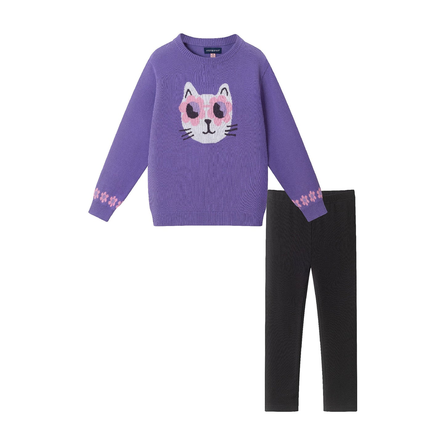 Kids Sweater & Legging Set | Purple Kitty Sunglasses