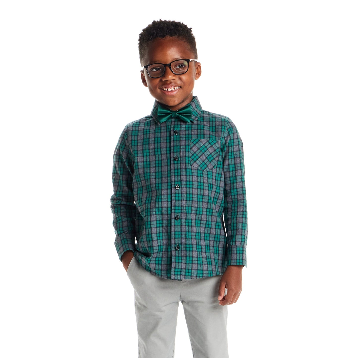 Kids Plaid Buttondown & Bowtie Set | Green Plaid