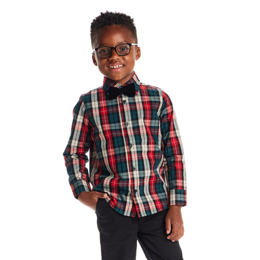 Kids Plaid Buttondown & Bowtie Set | Red Holiday