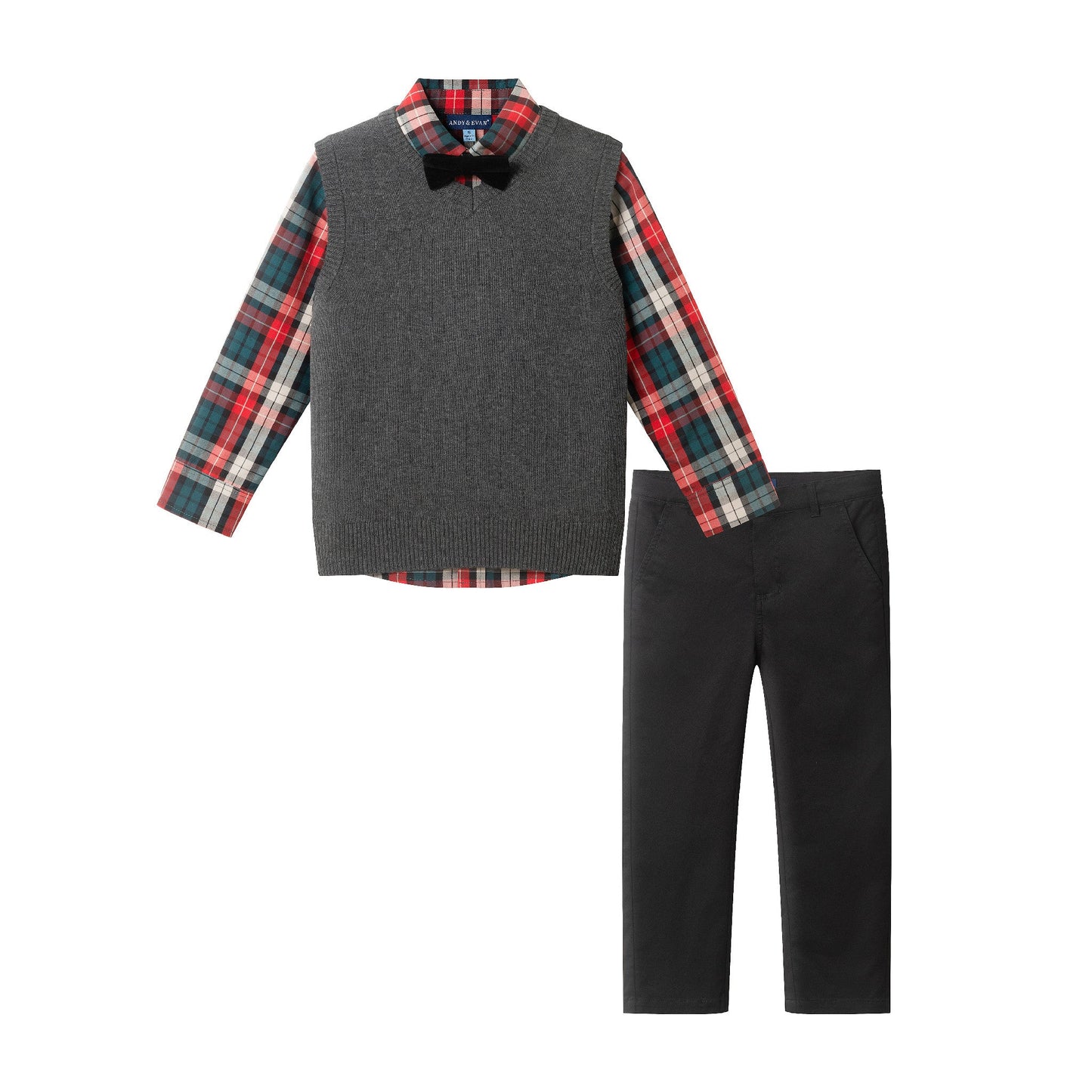 Kids 3-Piece Sweater Vest Set with Bowtie | Red Plaid