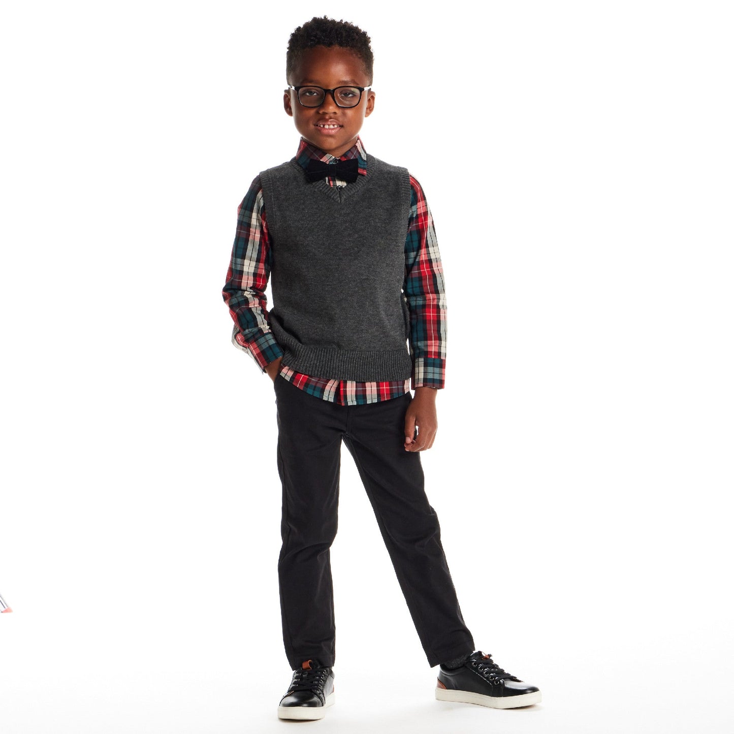 Kids 3-Piece Sweater Vest Set with Bowtie | Red Plaid