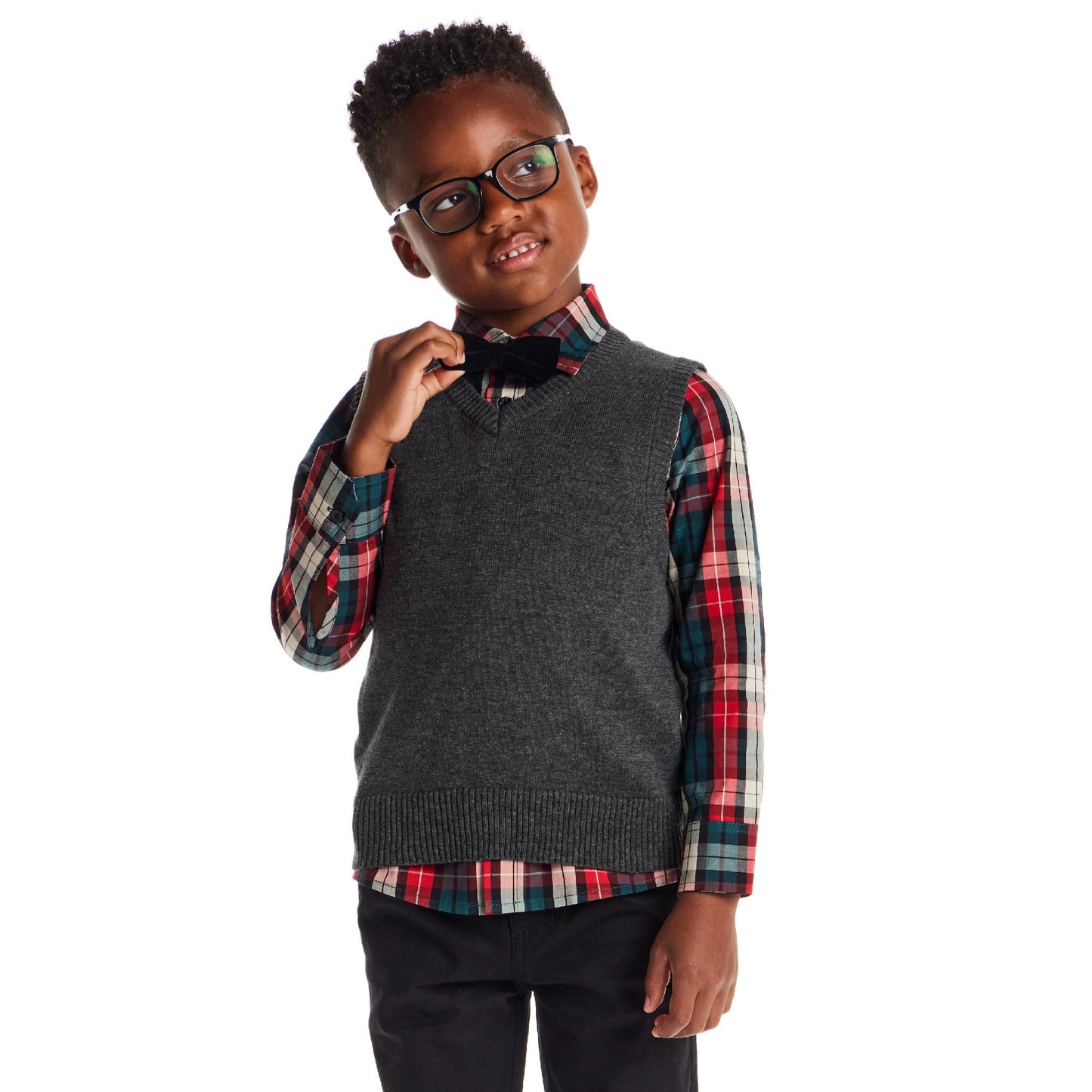 Kids 3-Piece Sweater Vest Set with Bowtie | Red Plaid