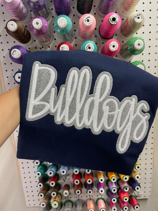 Embroidered Double Glitter HTV School Spirit Shirt | Custom Mascot & School Name Appliqué