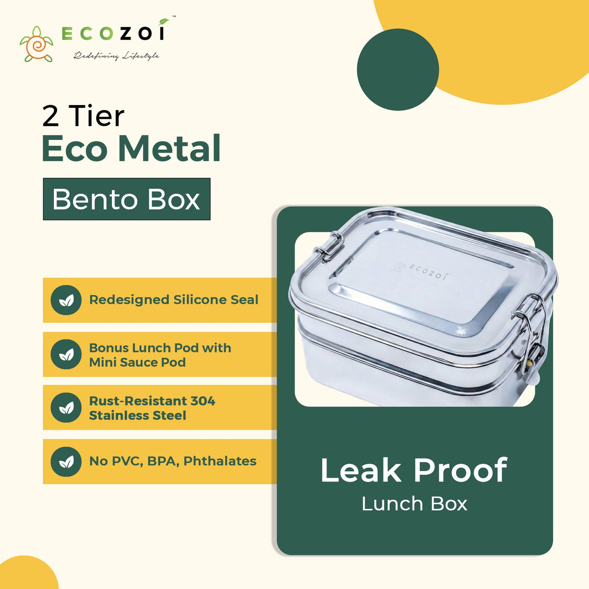 Ecozoi Stainless Steel Bento Lunch Box for Kids and Adults, 3 Compartment, Solid Print, 2 Tier Leak Proof, 60 oz