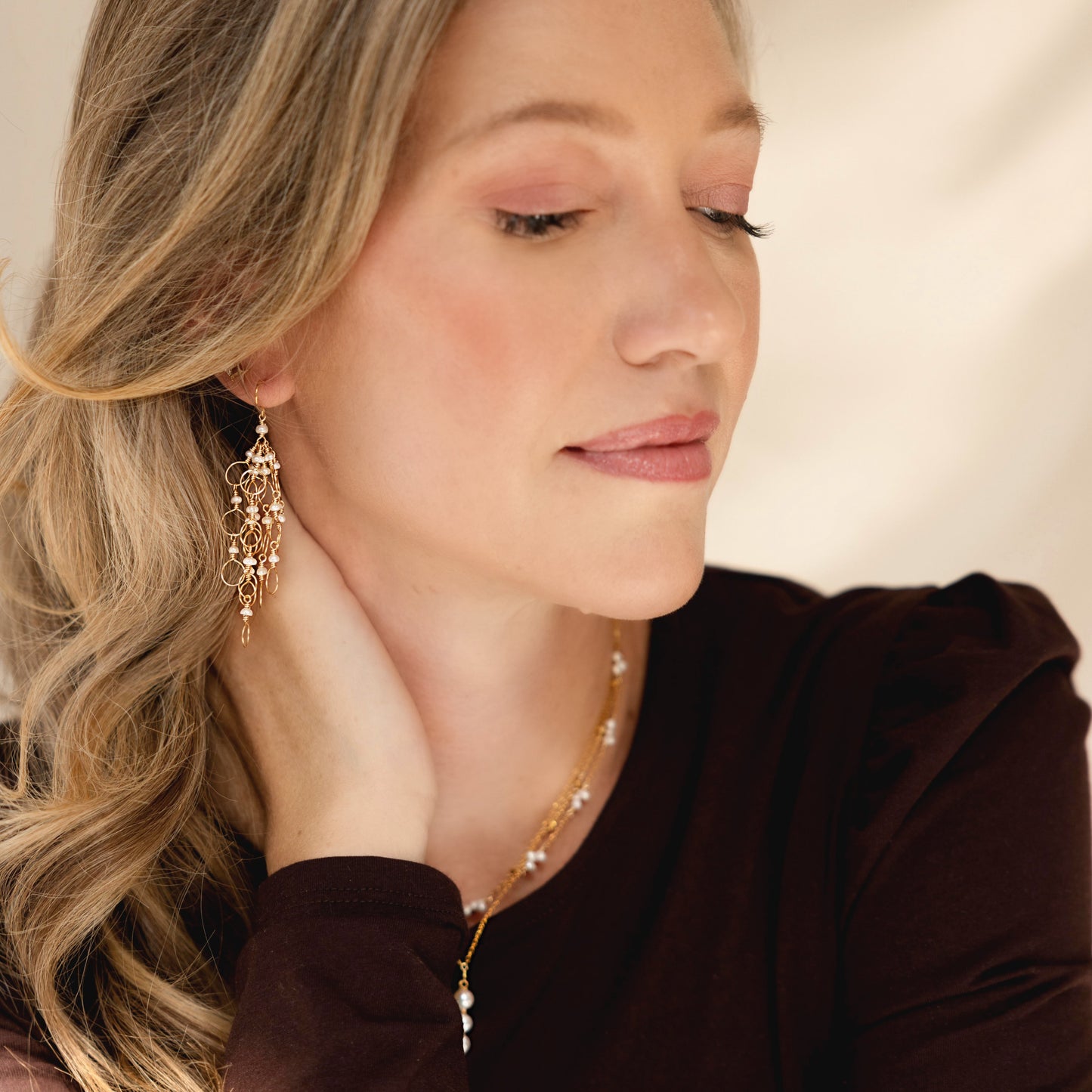 Clear Quartz Gold Chain Loop Earrings