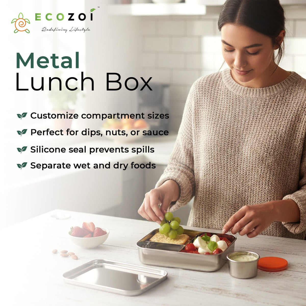 Ecozoi Stainless Steel Bento Lunch Box for Kids and Adults, 3 Compartment, Solid Print, 2 Tier Leak Proof, 60 oz