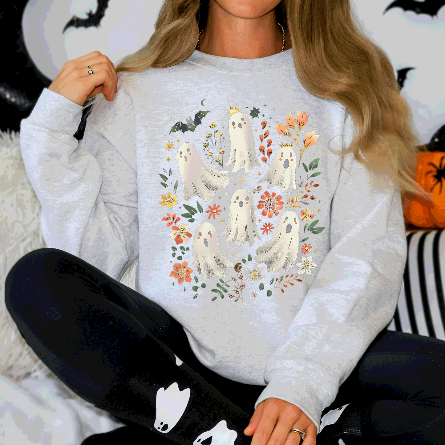 Floral Ghosts, Beautiful Halloween, Coquette, Girly, Autumn, Fall Sweatshirt