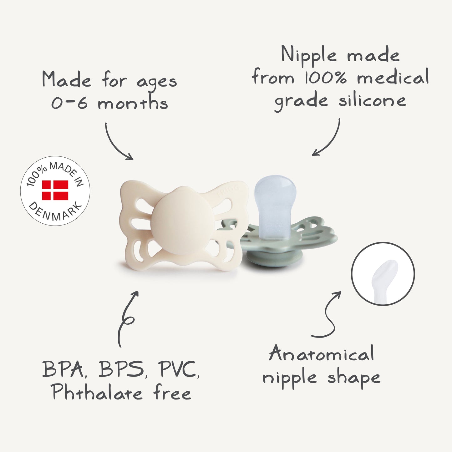 FRIGG Butterfly Anatomical Silicone Pacifier 2-Pack (0-6 Months)