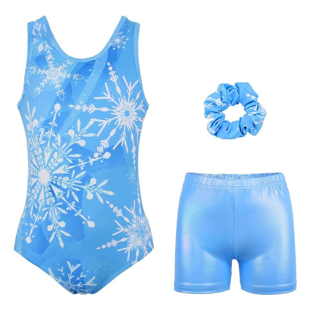 Icy Blue Snowflake Gymnastics Leotard with Shorts Set