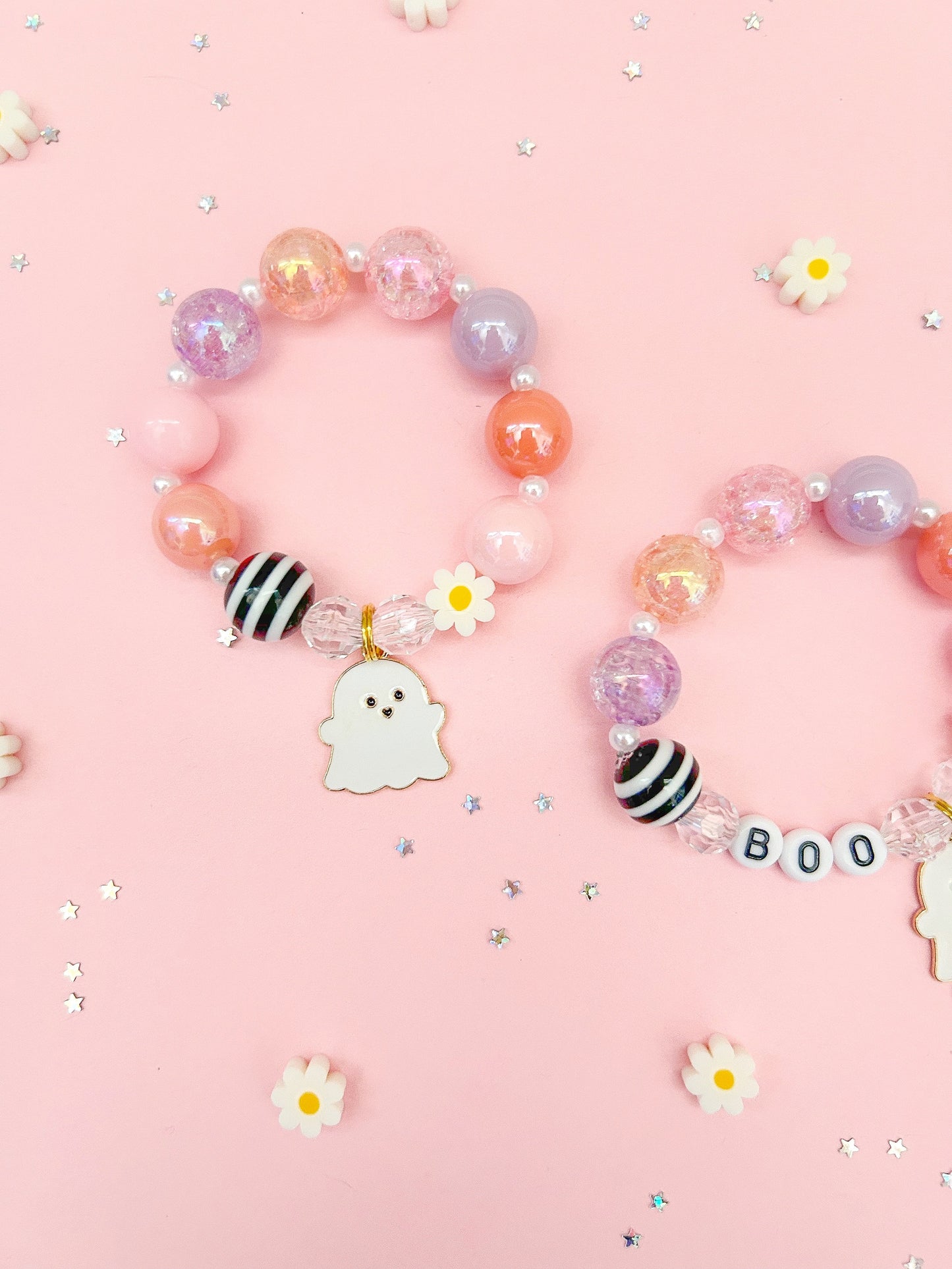 Halloween Ghost with Daisy and faux Pearls Kids Charm Bracelet, Personalized, Custom Name