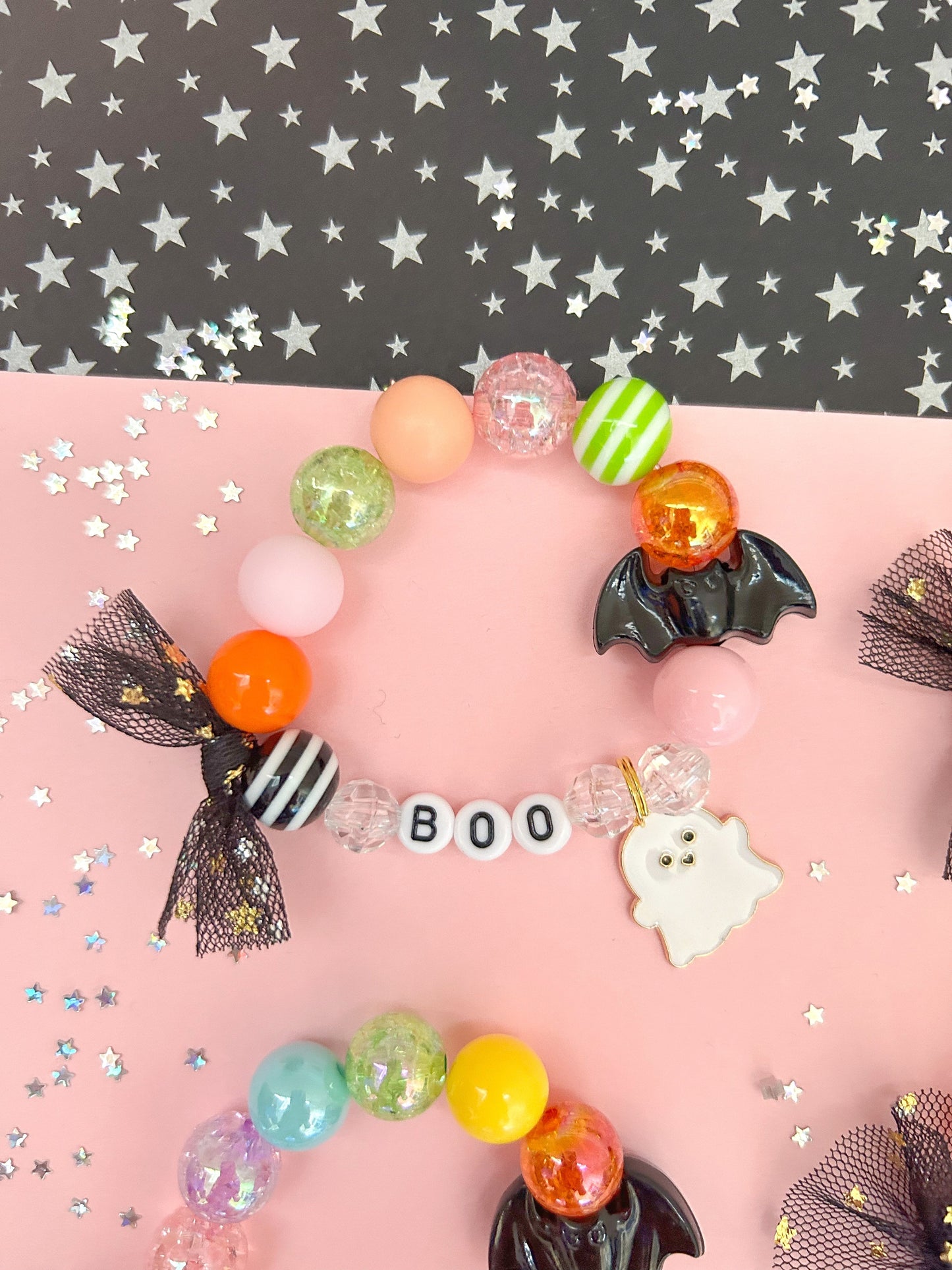 Halloween Ghost Bat Kids Charm Bracelet, Personalized, Custom Name MORE COLOR CHOICES