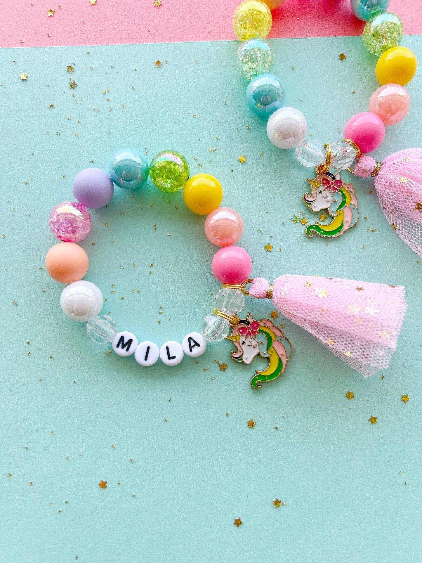 Rainbow Unicorn Kids Tassel Charm Bracelet, Personalized, Custom Name
