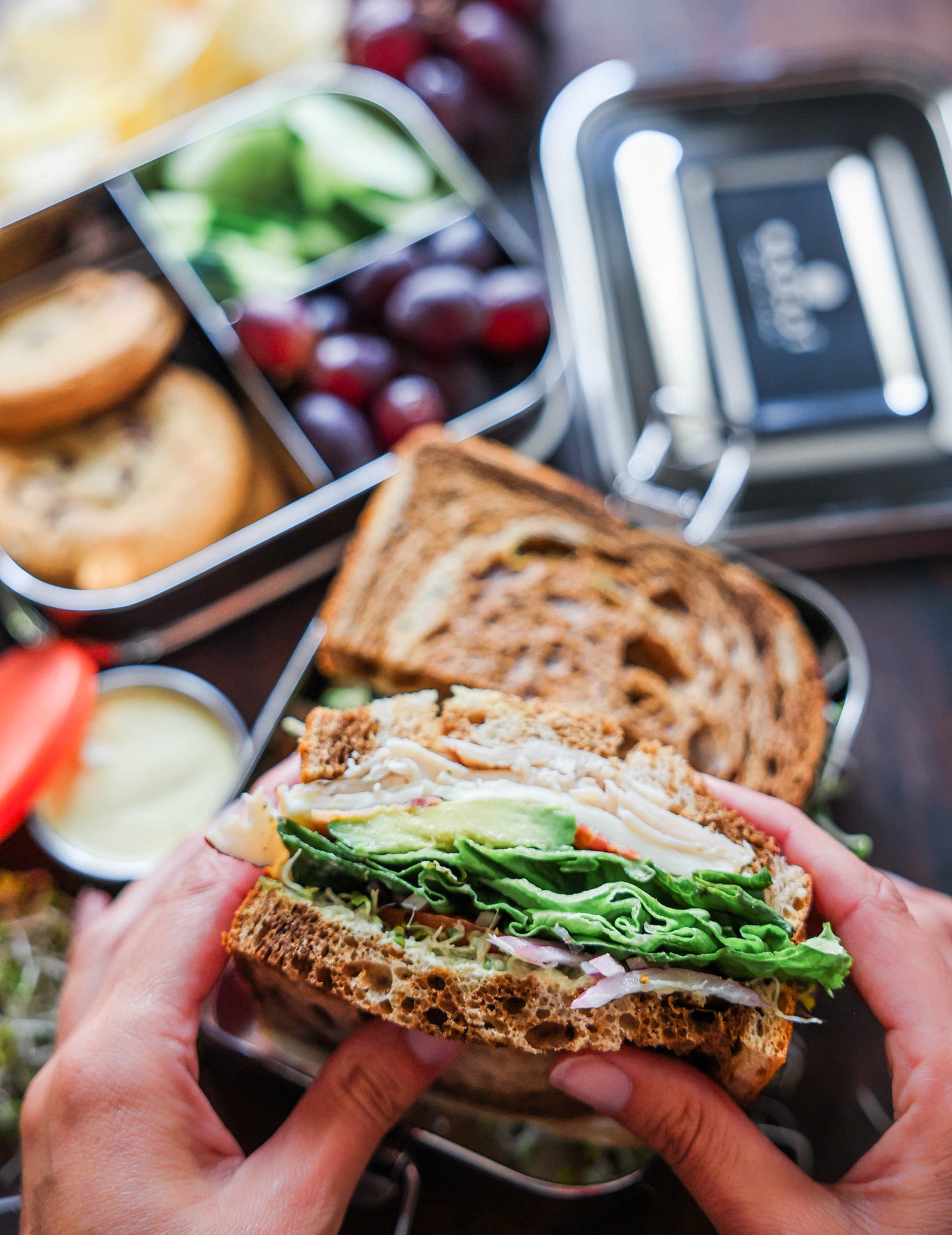 Ecozoi Stainless Steel Bento Lunch Box for Kids and Adults, 3 Compartment, Solid Print, 2 Tier Leak Proof, 60 oz