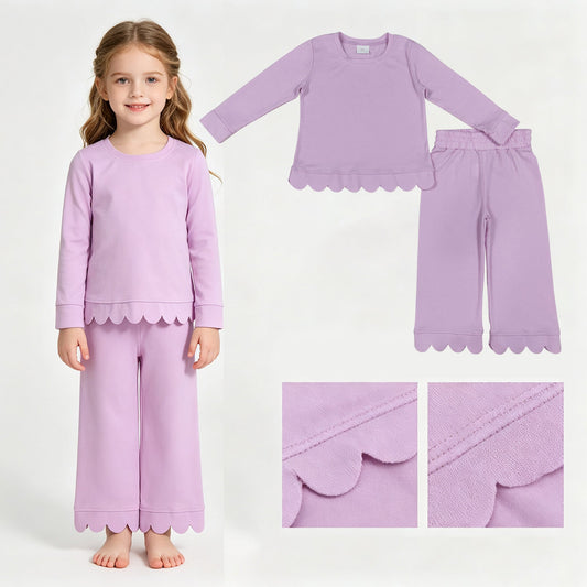 Cotton long sleeves girls purple scallop set