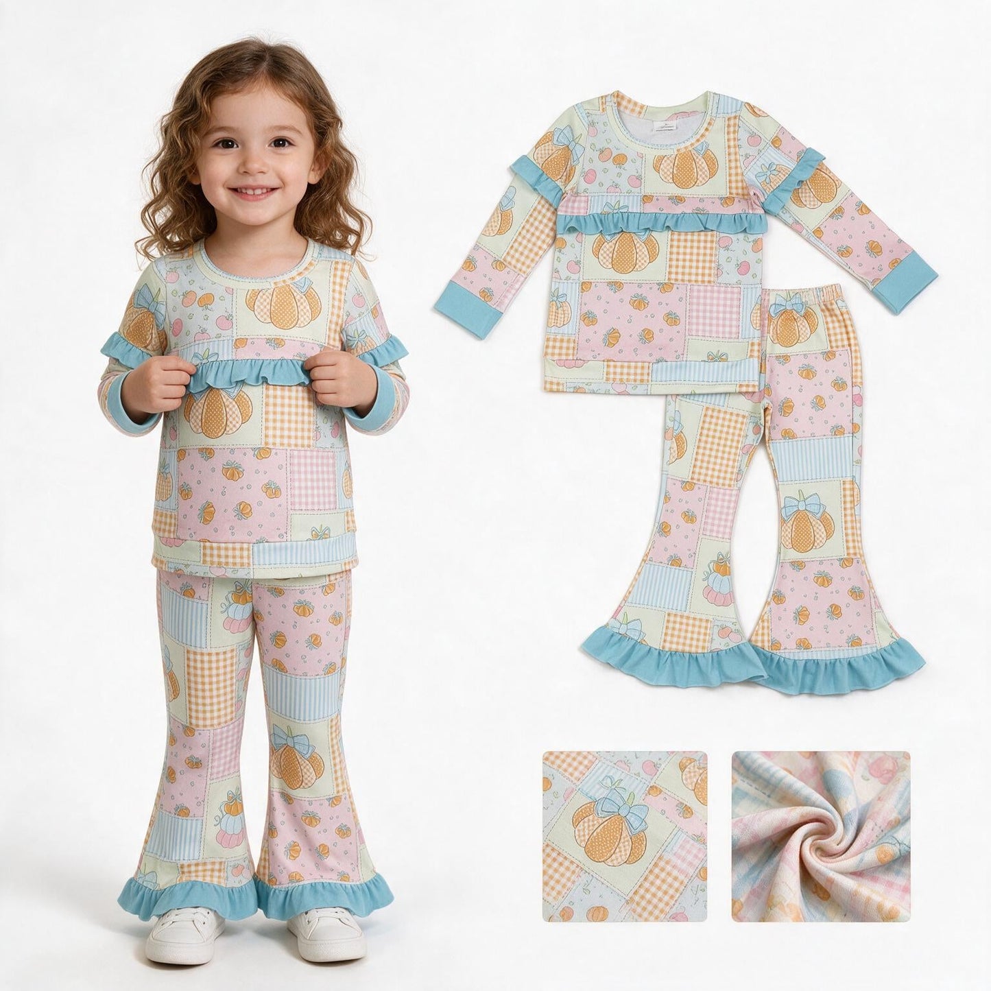 Ruffle pumpkin bow paid top pants girls fall outfits