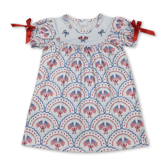 Short sleeves flag bow embroidery girls 4th of july dresses