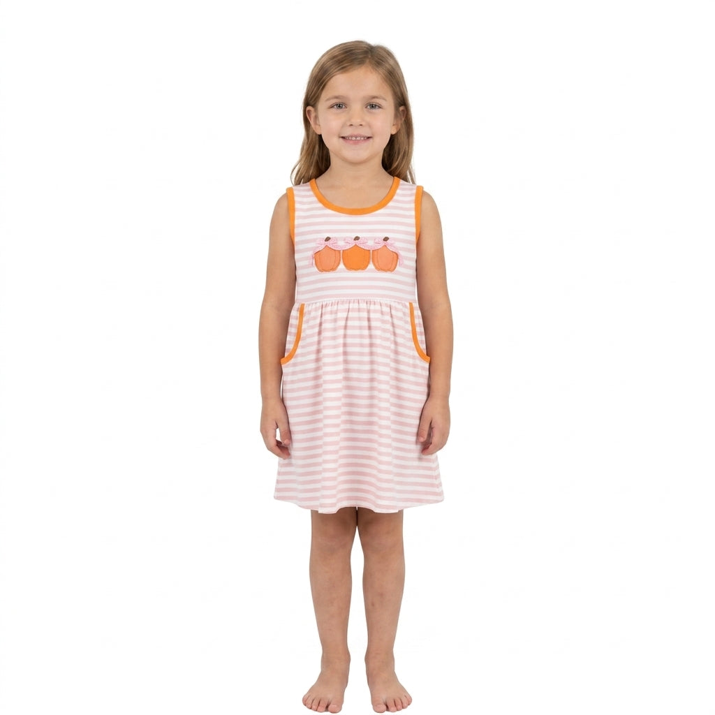 Sleeveless stripe pumpkin bow embroidery girls fall dress