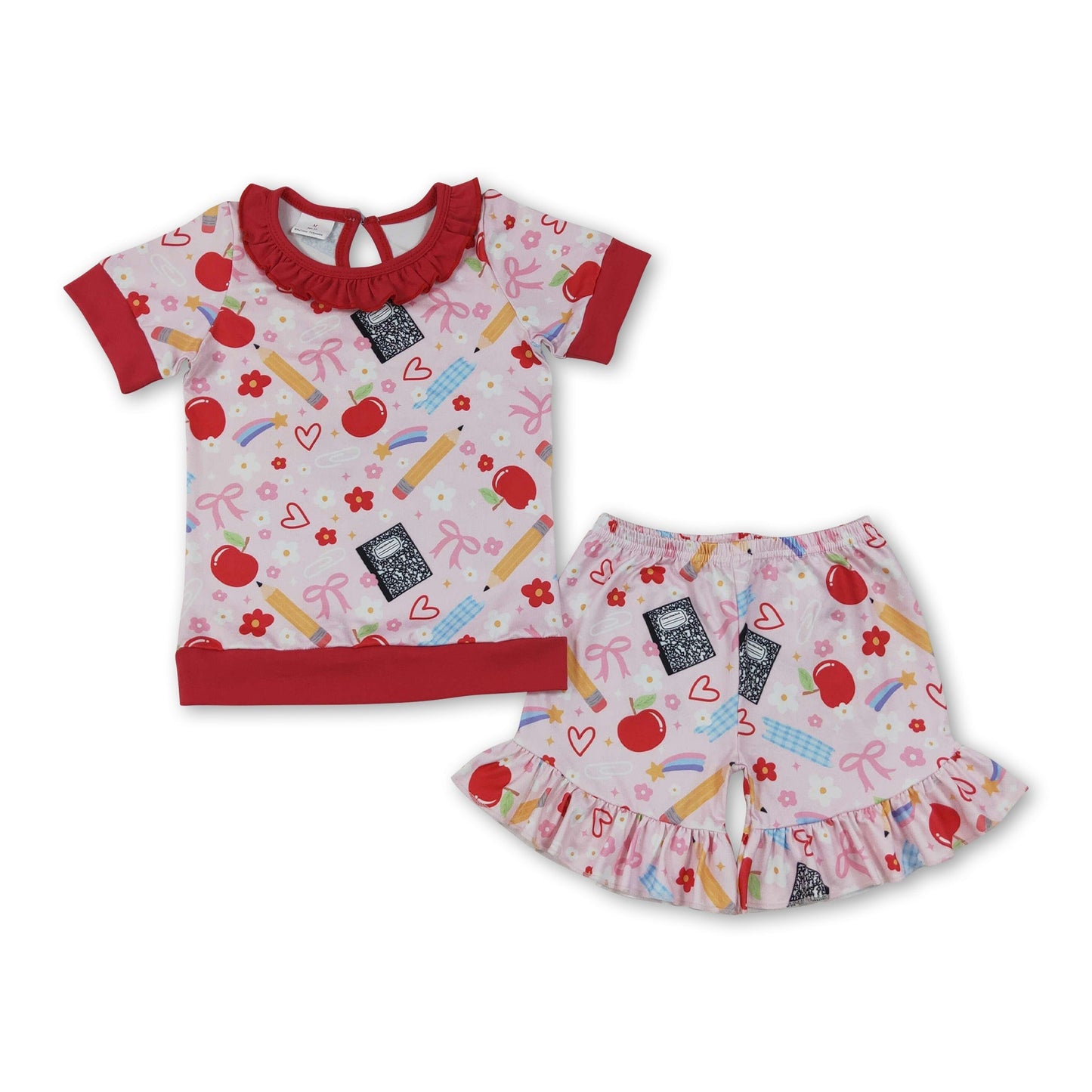 Short sleeves ruffle apple bow girls back to school outfits