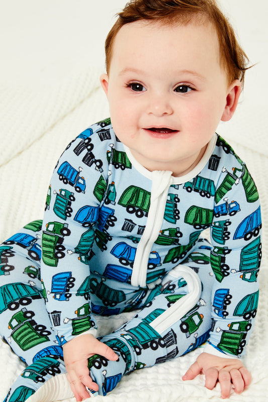 Soft & Stretchy Zipper Footie - Garbage Trucks