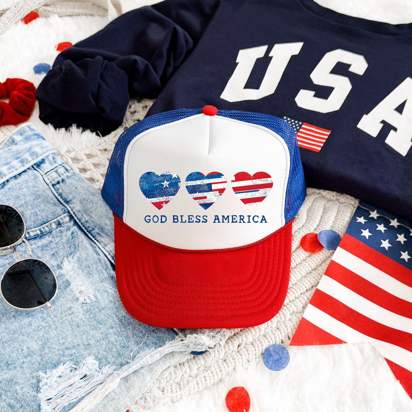 God Bless America, Hearts, Patriotic, Snapback Trucker Hat