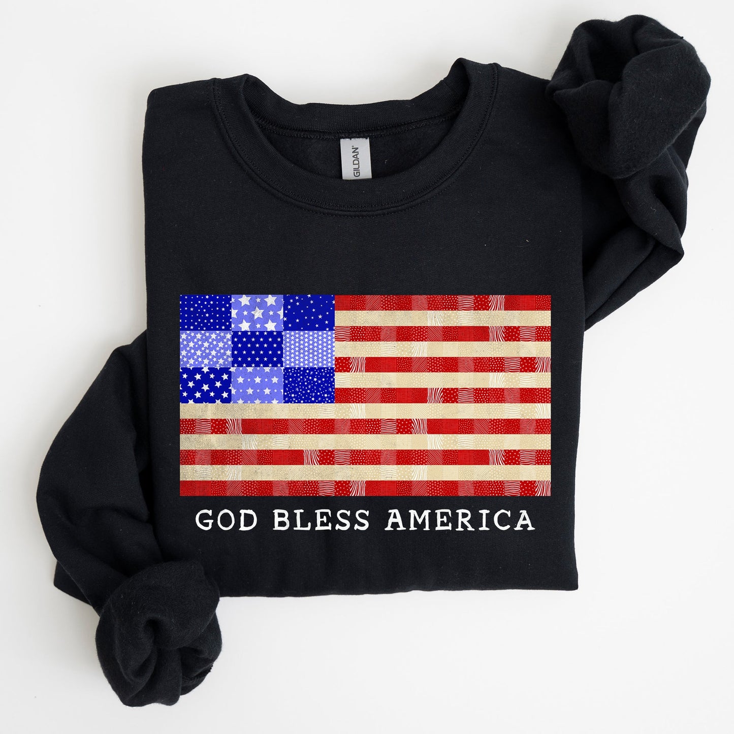 God Bless America, Quilt, Flag, 4th of July Sweatshirt - MTO