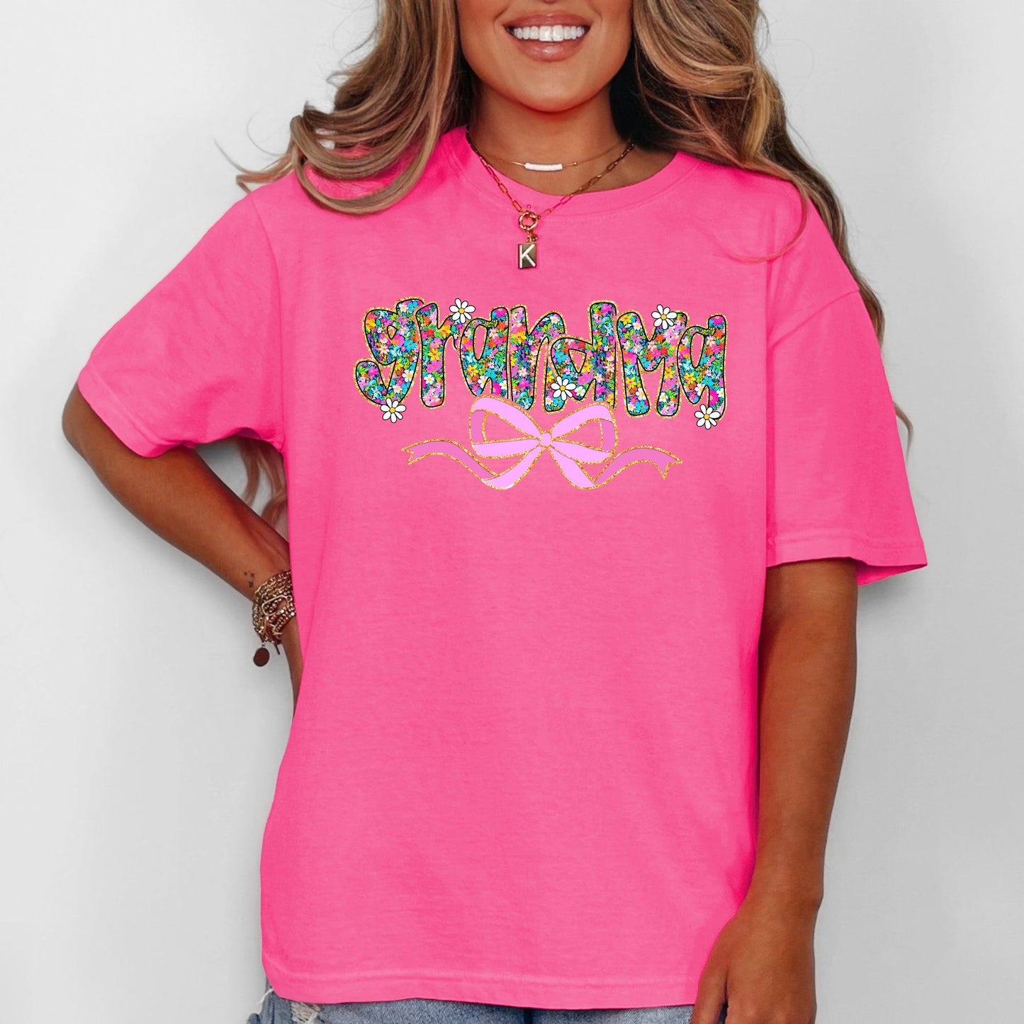 Grandma, Mother's Day, Ribbon, Bow, Floral, Flowers, Bright, Colorful, Pastels Tshirt Comfort Colors T-Shirt
