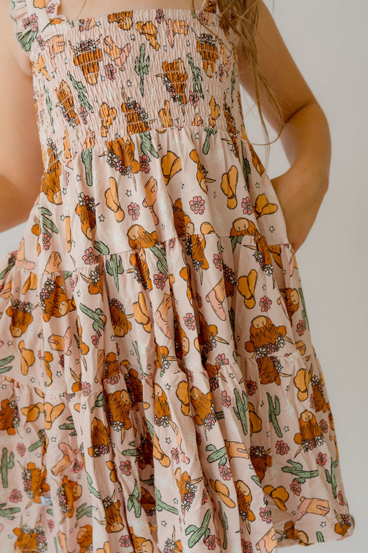 Pink Highland Cow Shirred Dress