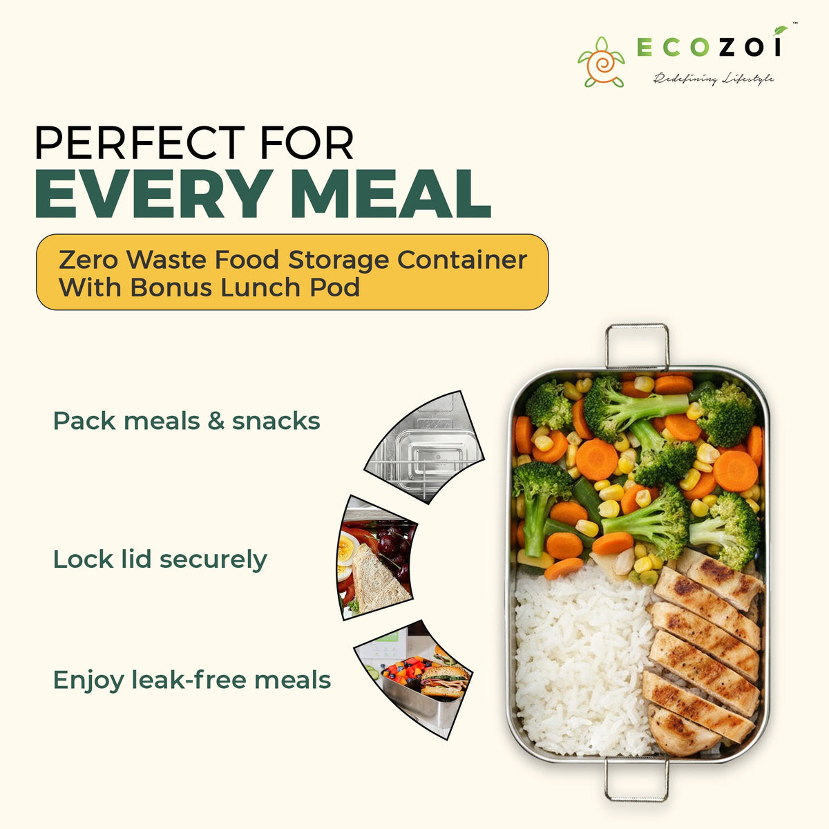 Ecozoi Stainless Steel Bento Lunch Box for Kids and Adults, 3 Compartment, Solid Print, 2 Tier Leak Proof, 60 oz