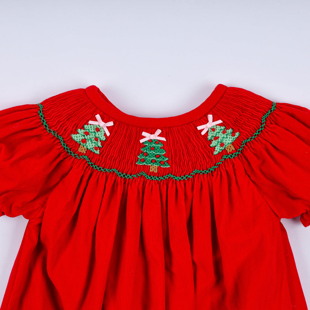 Red christmas tree hand smocked romper