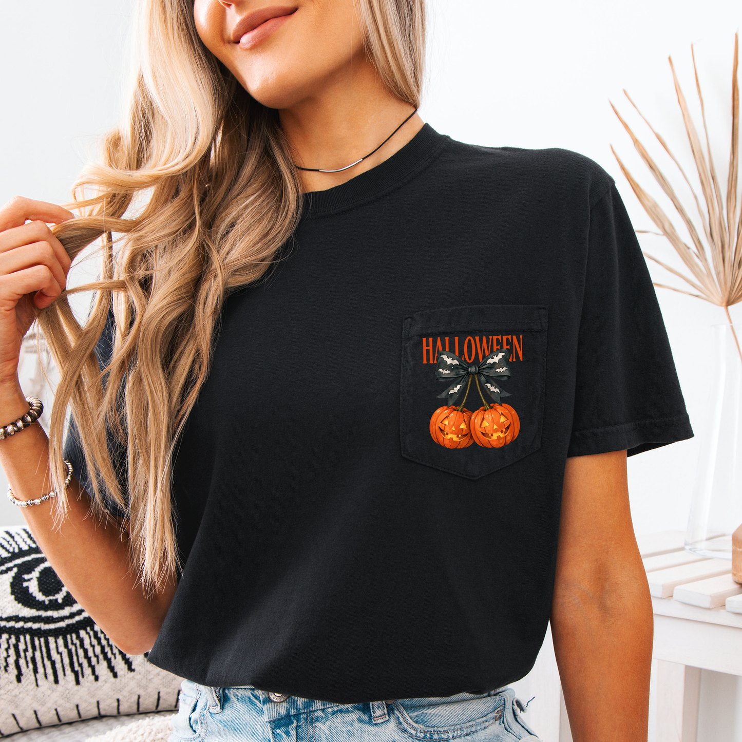 Halloween Jack o Lanterns, Cherry, Coquette, Cute, Adorable, Pocket, Comfort Colors Pocket T-Shirt