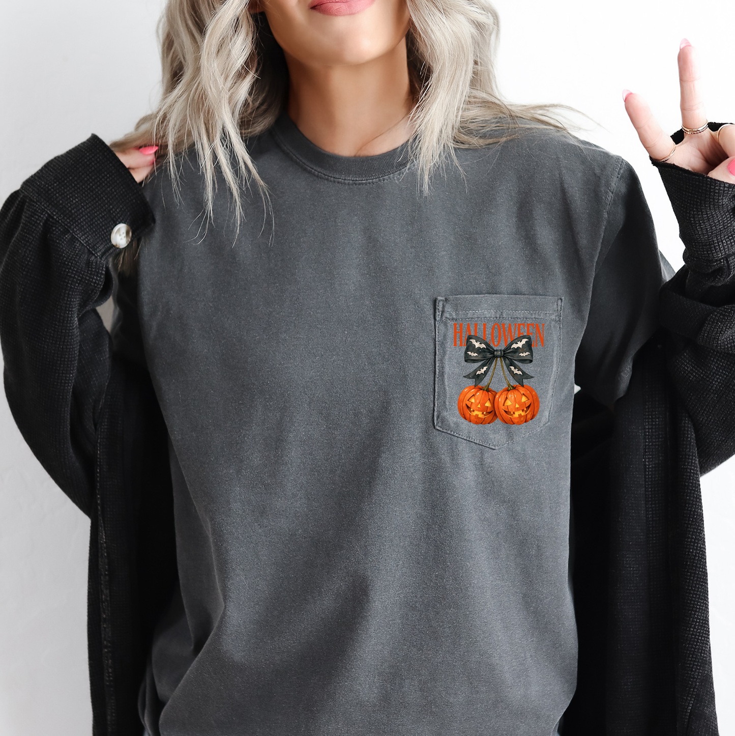 Halloween Jack o Lanterns, Cherry, Coquette, Cute, Adorable, Pocket, Comfort Colors Pocket T-Shirt