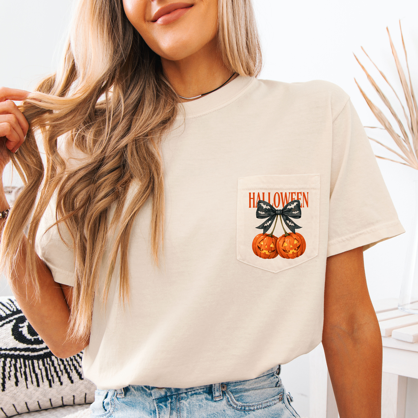 Halloween Jack o Lanterns, Cherry, Coquette, Cute, Adorable, Pocket, Comfort Colors Pocket T-Shirt