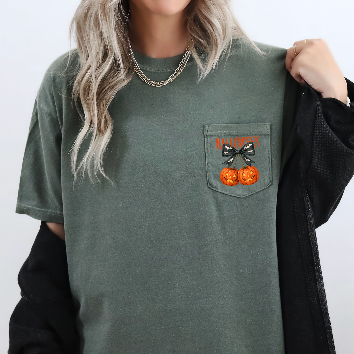 Halloween Jack o Lanterns, Cherry, Coquette, Cute, Adorable, Pocket, Comfort Colors Pocket T-Shirt