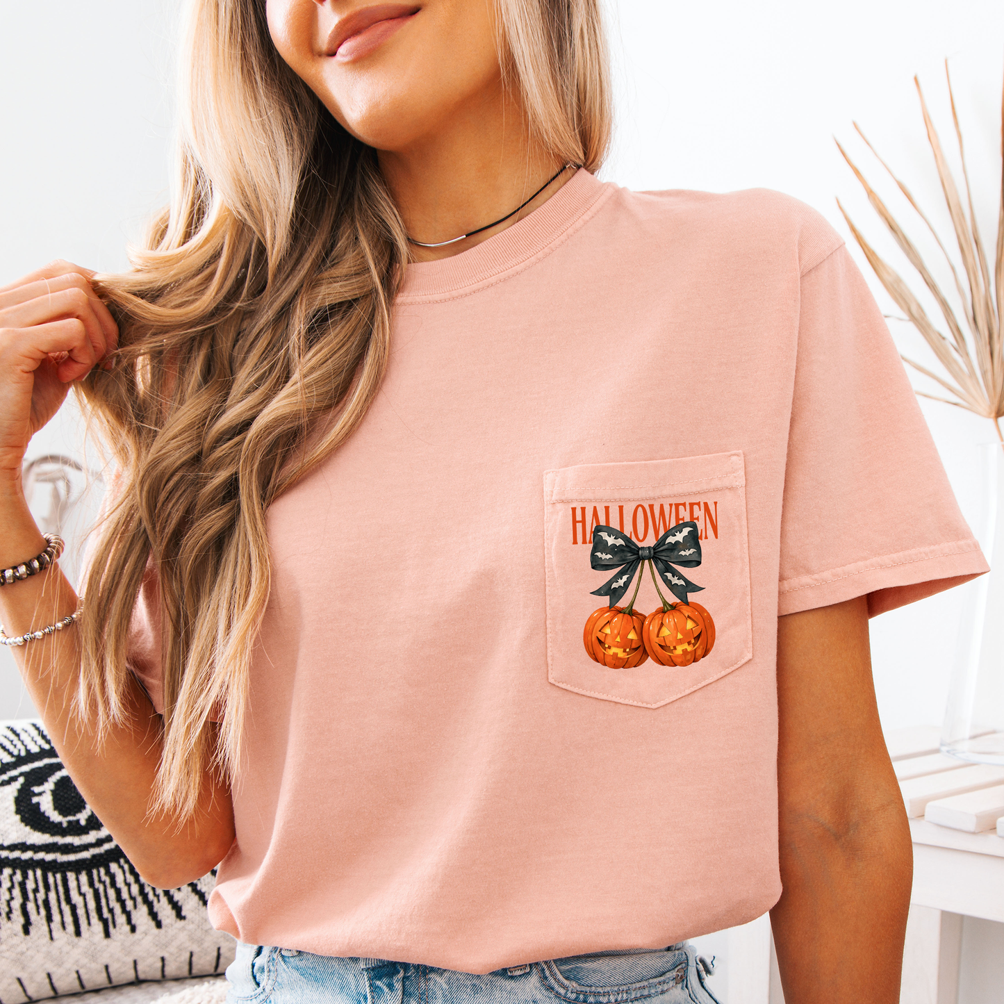 Halloween Jack o Lanterns, Cherry, Coquette, Cute, Adorable, Pocket, Comfort Colors Pocket T-Shirt