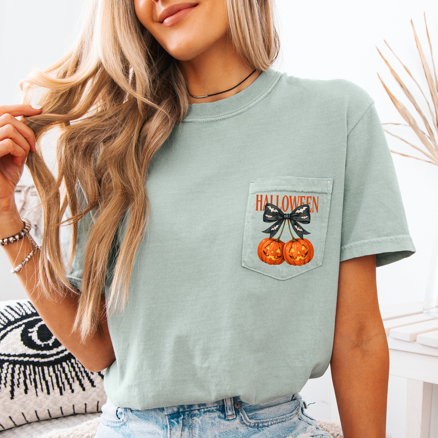 Halloween Jack o Lanterns, Cherry, Coquette, Cute, Adorable, Pocket, Comfort Colors Pocket T-Shirt