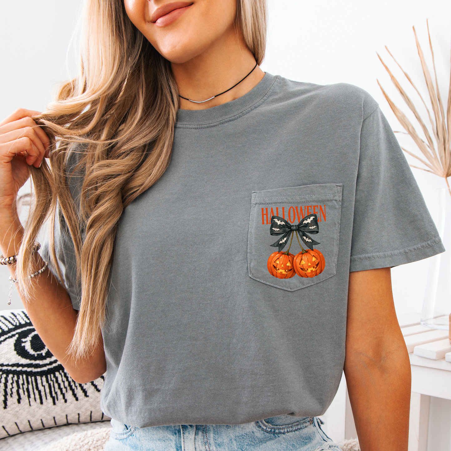 Halloween Jack o Lanterns, Cherry, Coquette, Cute, Adorable, Pocket, Comfort Colors Pocket T-Shirt