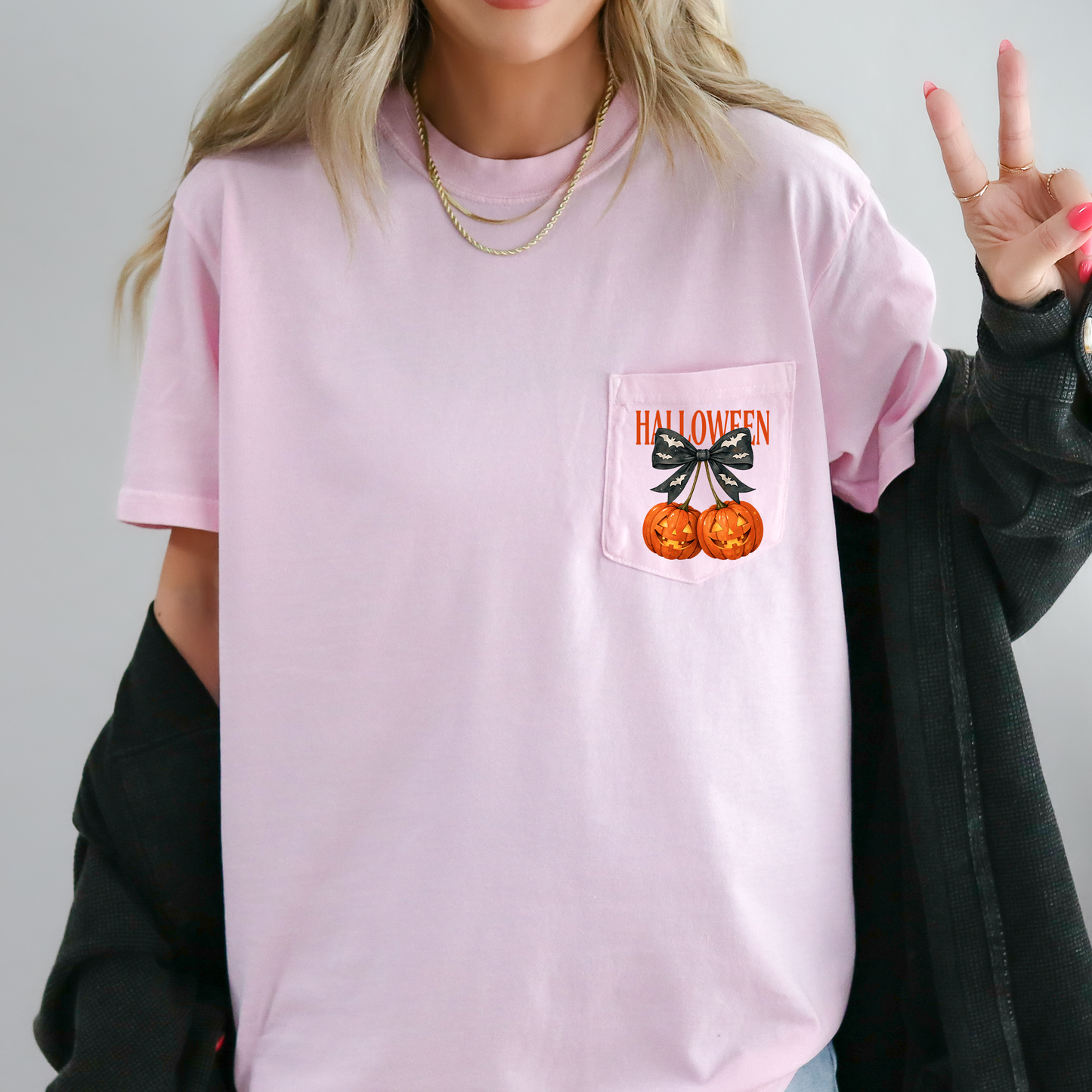 Halloween Jack o Lanterns, Cherry, Coquette, Cute, Adorable, Pocket, Comfort Colors Pocket T-Shirt
