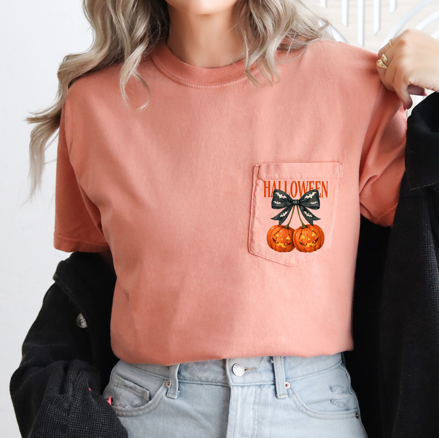 Halloween Jack o Lanterns, Cherry, Coquette, Cute, Adorable, Pocket, Comfort Colors Pocket T-Shirt