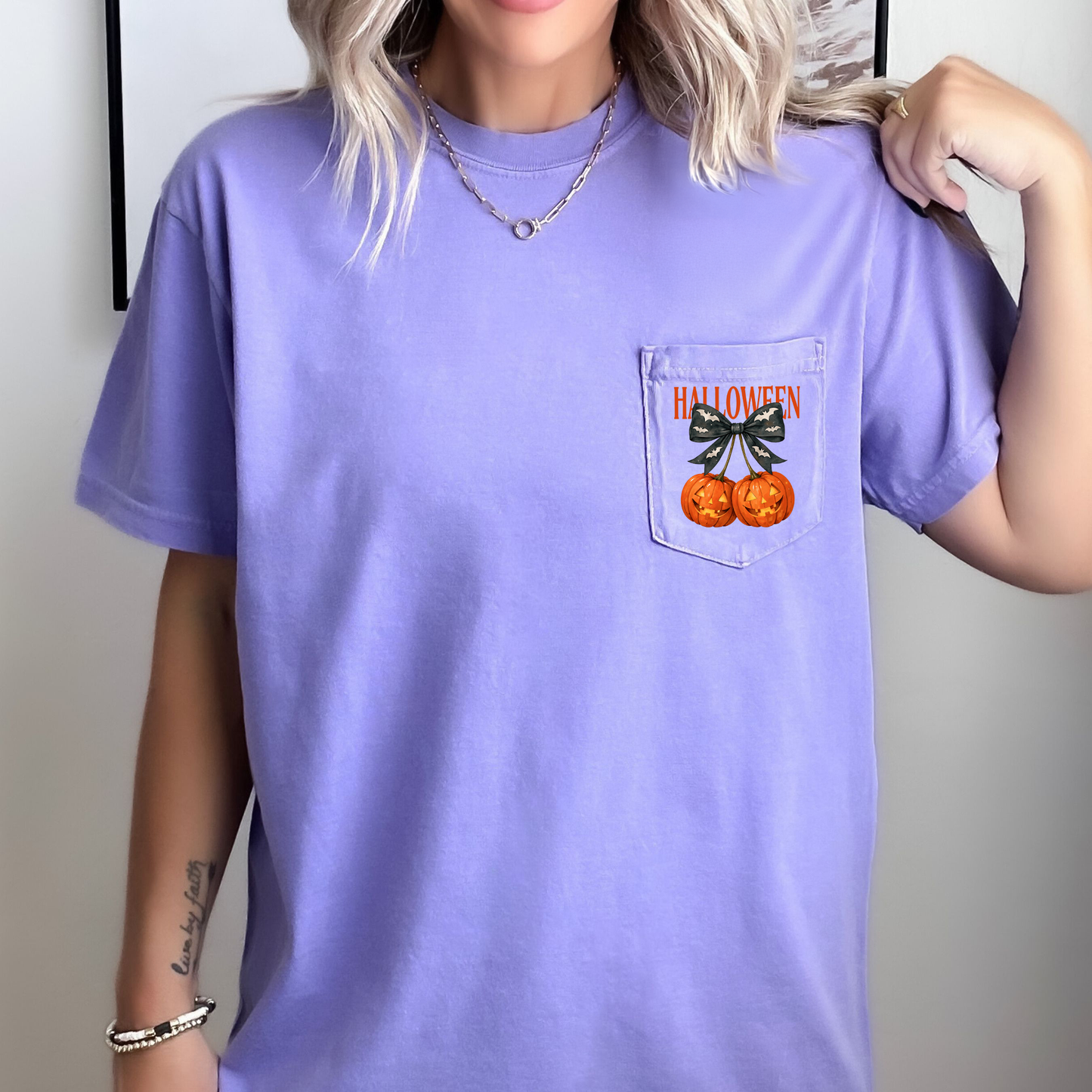 Halloween Jack o Lanterns, Cherry, Coquette, Cute, Adorable, Pocket, Comfort Colors Pocket T-Shirt